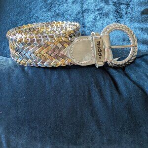 Mudd brand braided belt with multi-tone metallic woven design and a silver-color